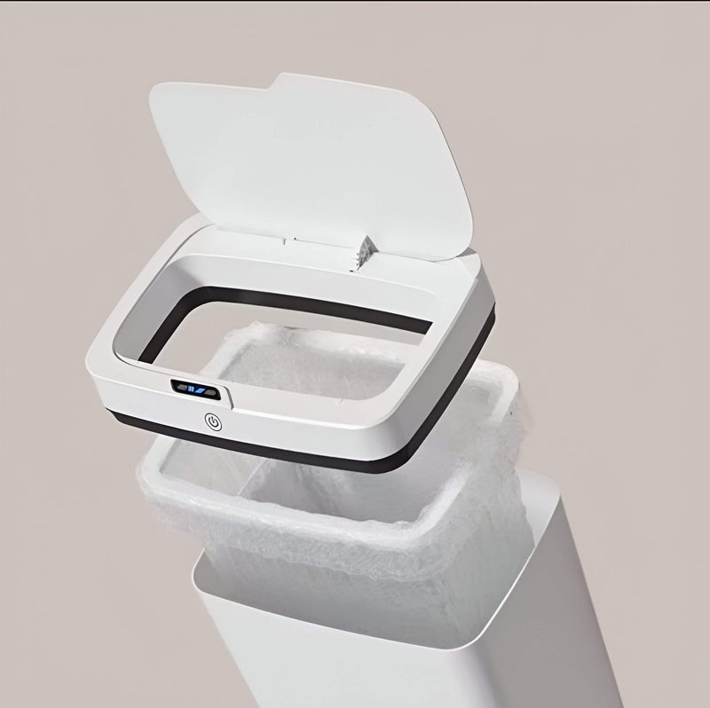 Lixeira inteligente com sensor estreito sem contato, lixeira eletrônica de 15L com ensacamento automático para banheiro inteligente, branca