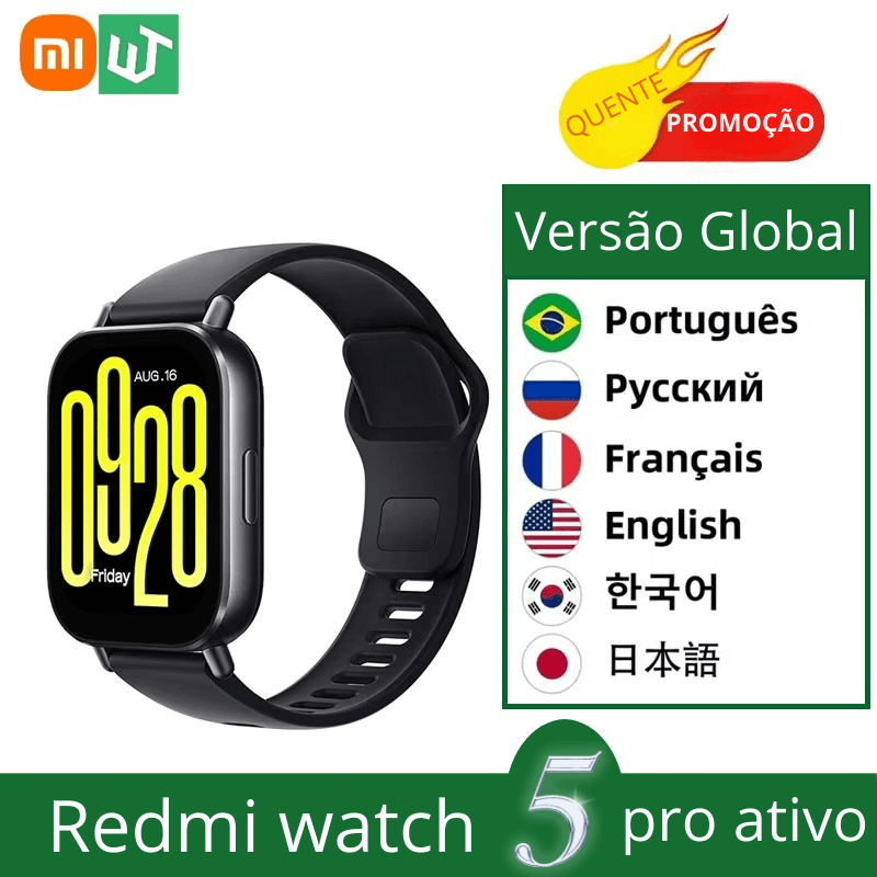 Nova versão global Xiaomi Redmi Watch 5 pro Active Smartwatch com tela de 2" Bluetooth para chamadas telefônicas 140+ Modo esportivo à prova d'água