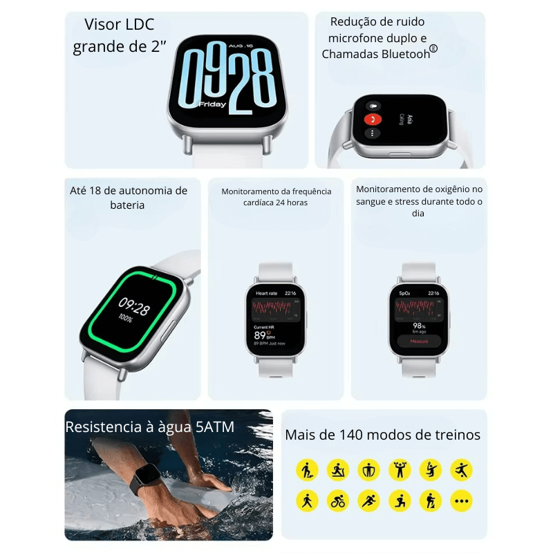 Nova versão global Xiaomi Redmi Watch 5 pro Active Smartwatch com tela de 2" Bluetooth para chamadas telefônicas 140+ Modo esportivo à prova d'água