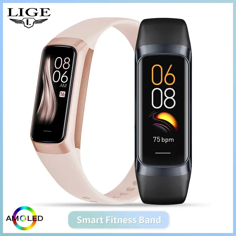 Smart watch LIGE AMOLED masculino 2025, pulseira inteligente feminina, monitor de frequência cardíaca e sangue, à prova d'água, esportiva e fitness