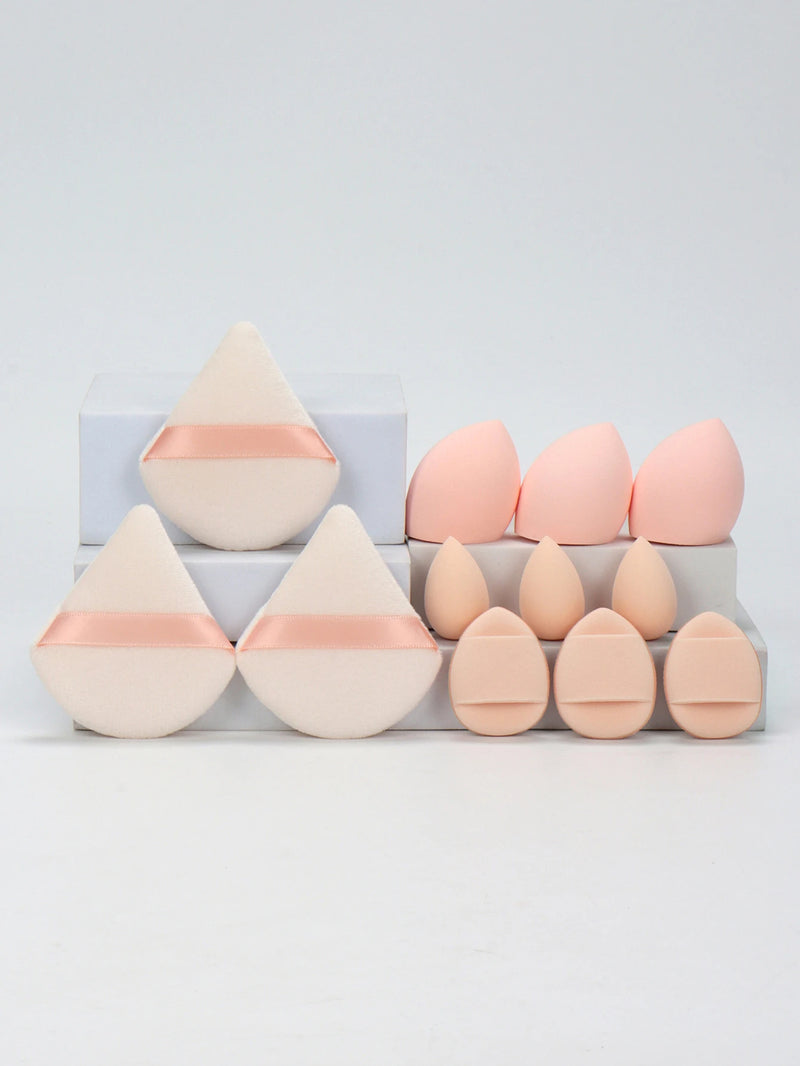 Conjunto de 12 esponjas de maquiagem multiuso, composto por 3 esponjas de pó soltas, 3 mini esponjas de ar, 3 ovos de beleza e 3 mini esponjas de beleza
