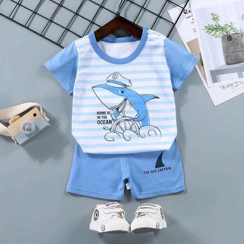 Roupas infantis da moda para meninos e meninas, conjuntos de top e shorts, 2 peças, 100% algodão, macio, verão, roupas de bebê, camiseta e shorts, terno para criança