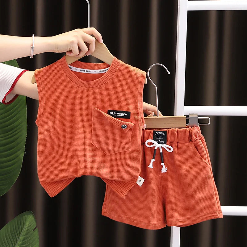 Novas roupas de verão para bebês meninas, meninos, coletes e shorts, 2 peças/conjuntos, roupas infantis, traje esportivo casual para crianças, agasalhos infantis
