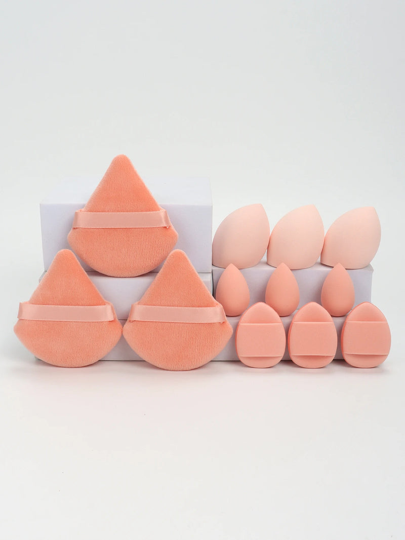 Conjunto de 12 esponjas de maquiagem multiuso, composto por 3 esponjas de pó soltas, 3 mini esponjas de ar, 3 ovos de beleza e 3 mini esponjas de beleza