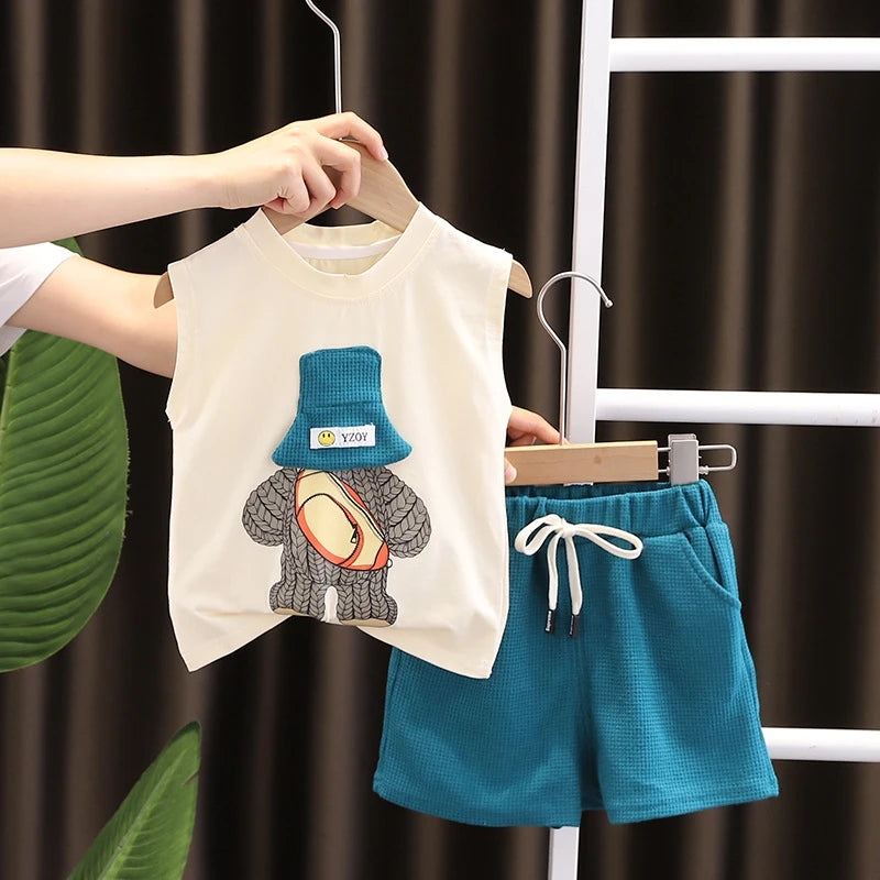 Novas roupas de verão para bebês meninas, meninos, coletes e shorts, 2 peças/conjuntos, roupas infantis, traje esportivo casual para crianças, agasalhos infantis
