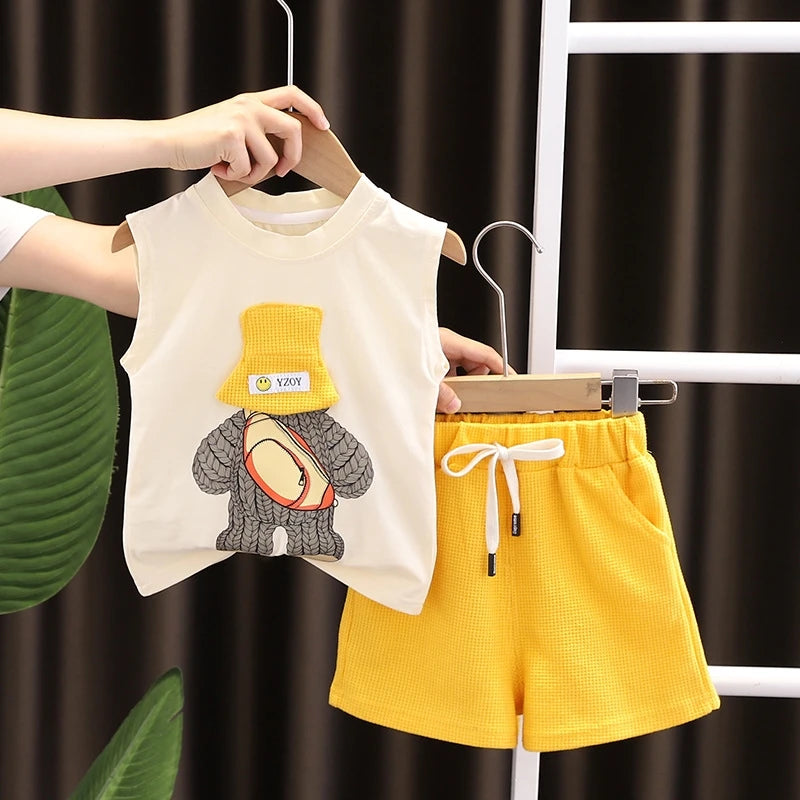 Novas roupas de verão para bebês meninas, meninos, coletes e shorts, 2 peças/conjuntos, roupas infantis, traje esportivo casual para crianças, agasalhos infantis
