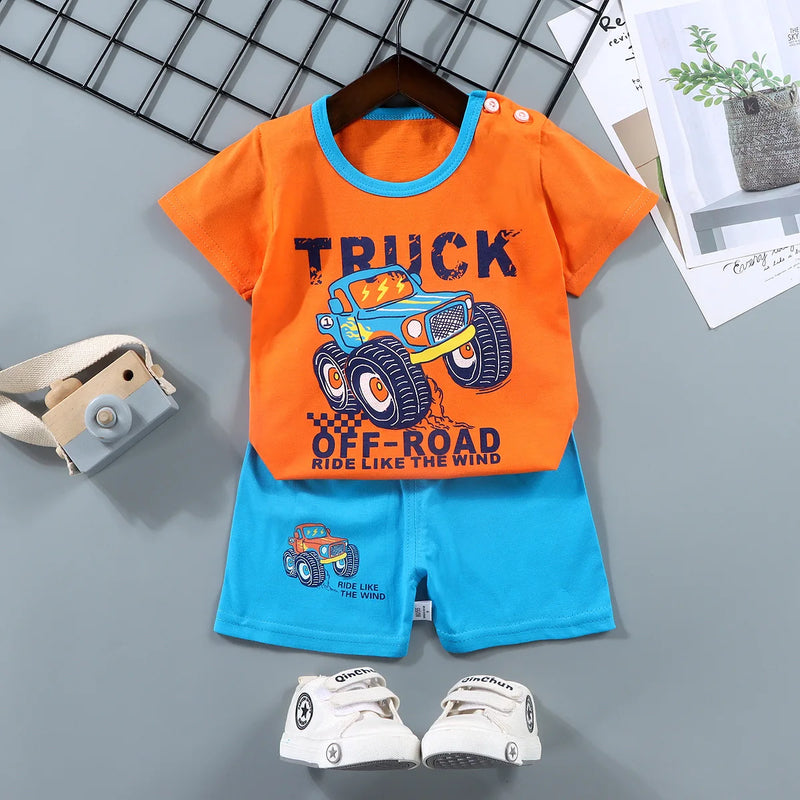 Roupas infantis da moda para meninos e meninas, conjuntos de top e shorts, 2 peças, 100% algodão, macio, verão, roupas de bebê, camiseta e shorts, terno para criança
