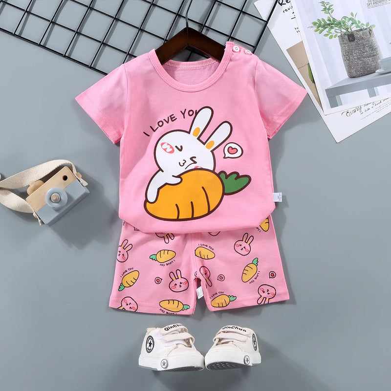 Roupas infantis da moda para meninos e meninas, conjuntos de top e shorts, 2 peças, 100% algodão, macio, verão, roupas de bebê, camiseta e shorts, terno para criança