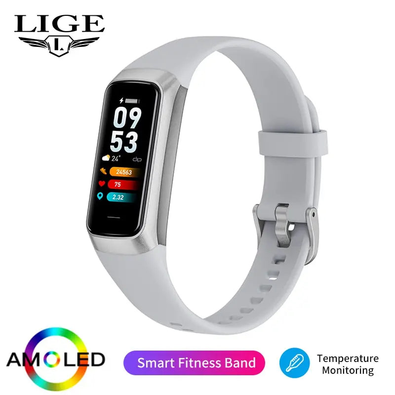 Smart watch LIGE AMOLED masculino 2025, pulseira inteligente feminina, monitor de frequência cardíaca e sangue, à prova d'água, esportiva e fitness