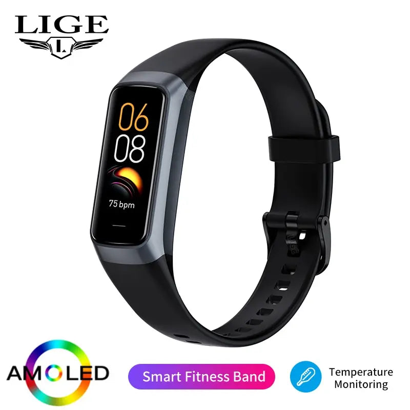 Smart watch LIGE AMOLED masculino 2025, pulseira inteligente feminina, monitor de frequência cardíaca e sangue, à prova d'água, esportiva e fitness