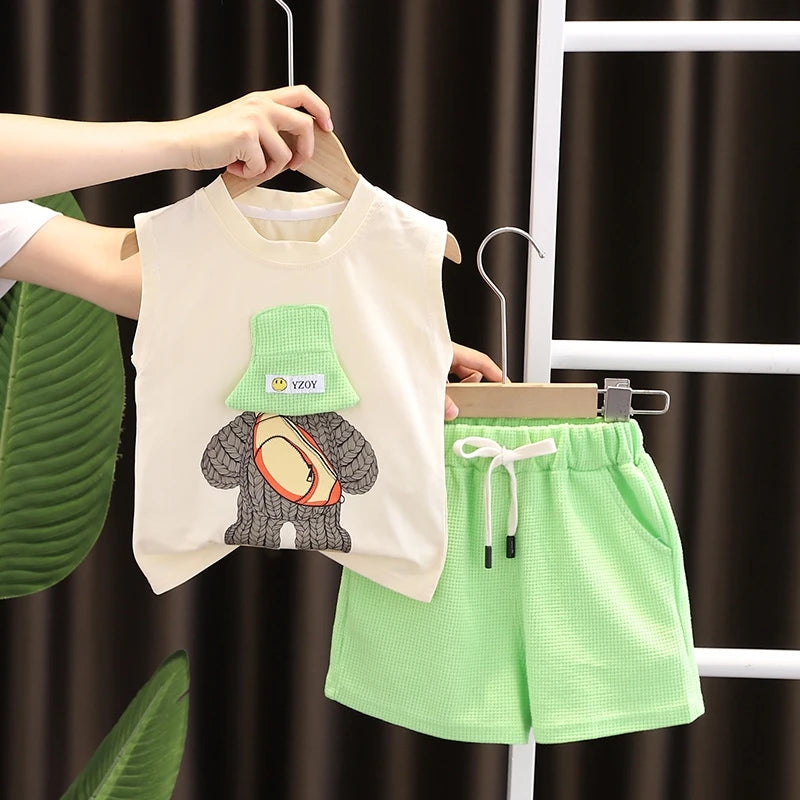 Novas roupas de verão para bebês meninas, meninos, coletes e shorts, 2 peças/conjuntos, roupas infantis, traje esportivo casual para crianças, agasalhos infantis