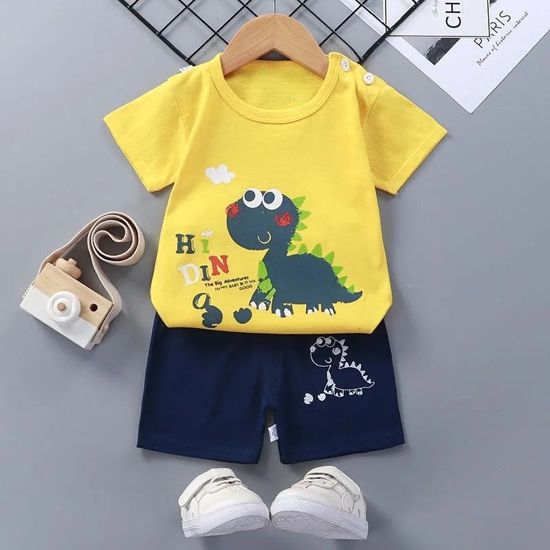 Roupas infantis da moda para meninos e meninas, conjuntos de top e shorts, 2 peças, 100% algodão, macio, verão, roupas de bebê, camiseta e shorts, terno para criança