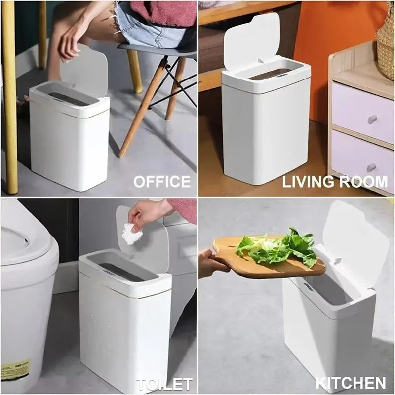Lixeira inteligente com sensor estreito sem contato, lixeira eletrônica de 15L com ensacamento automático para banheiro inteligente, branca