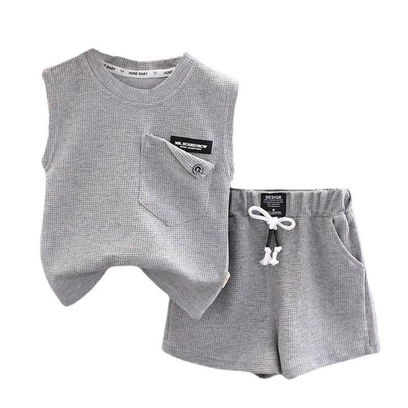 Novas roupas de verão para bebês meninas, meninos, coletes e shorts, 2 peças/conjuntos, roupas infantis, traje esportivo casual para crianças, agasalhos infantis