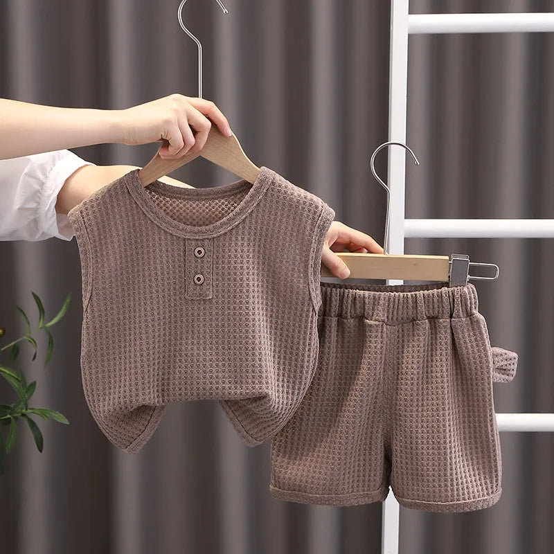 Novas roupas de verão para bebês meninas, meninos, coletes e shorts, 2 peças/conjuntos, roupas infantis, traje esportivo casual para crianças, agasalhos infantis