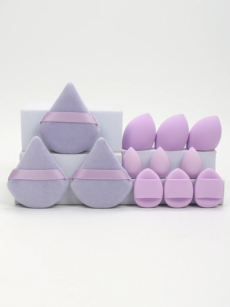 Conjunto de 12 esponjas de maquiagem multiuso, composto por 3 esponjas de pó soltas, 3 mini esponjas de ar, 3 ovos de beleza e 3 mini esponjas de beleza